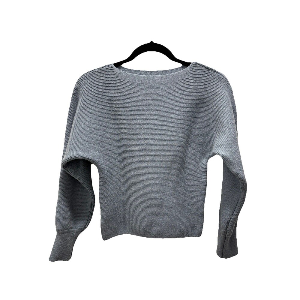 Women's Ribbed Knit Sweater Dolman Batwing Sleeve Boat Neck Slate Blue Pullover